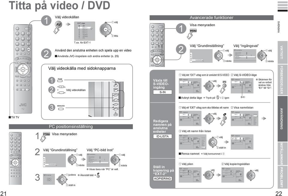 5) Använd den anslutna enheten och spela upp en video Välj videokälla med sidoknapparna Välj videokällan Visa menyraden Välj Grundinställning välj PC positionsinställning justera ställ in nästa Välj