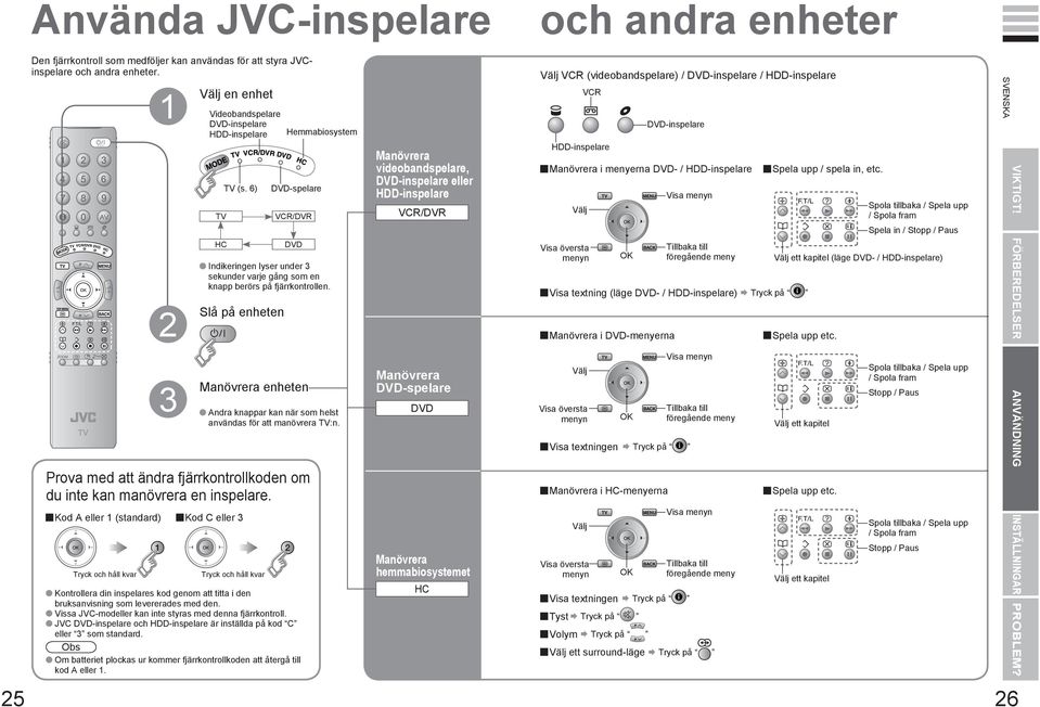 Kod A eller (standard) Tryck och håll kvar Välj en enhet Videobandspelare DVD-inspelare HDD-inspelare Kontrollera din inspelares kod genom att titta i den bruksanvisning som levererades med den.