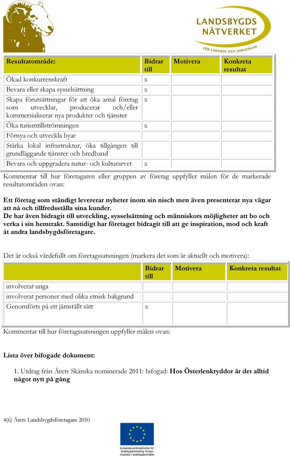 uppgradera natur- och kulturarvet Kommentar till hur företagaren eller gruppen av företag uppfyller målen för de markerade resultatområden ovan: Ett företag som ständigt levererar nyheter inom sin