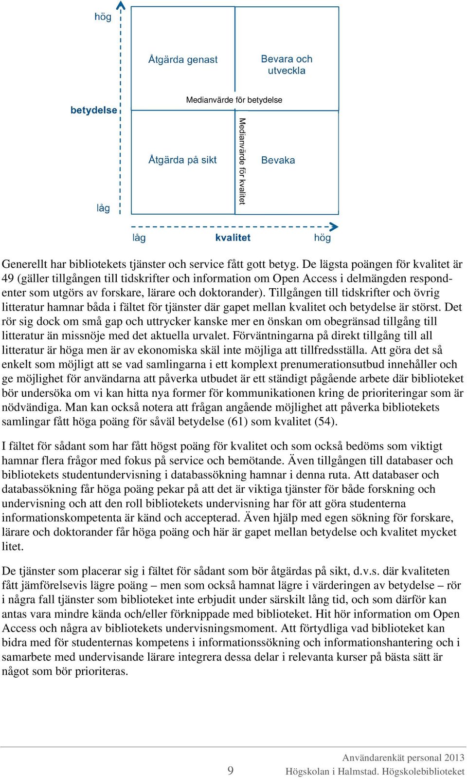 Tillgången till tidskrifter och övrig litteratur hamnar båda i fältet för tjänster där gapet mellan kvalitet och betydelse är störst.