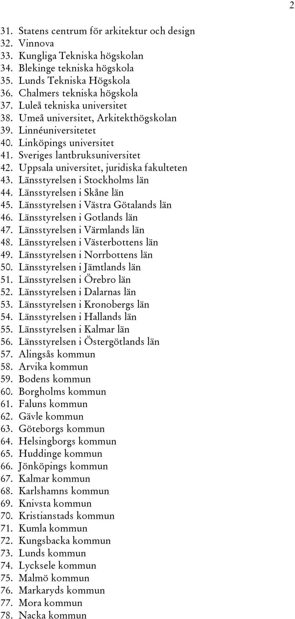Länsstyrelsen i Stockholms län 44. Länsstyrelsen i Skåne län 45. Länsstyrelsen i Västra Götalands län 46. Länsstyrelsen i Gotlands län 47. Länsstyrelsen i Värmlands län 48.