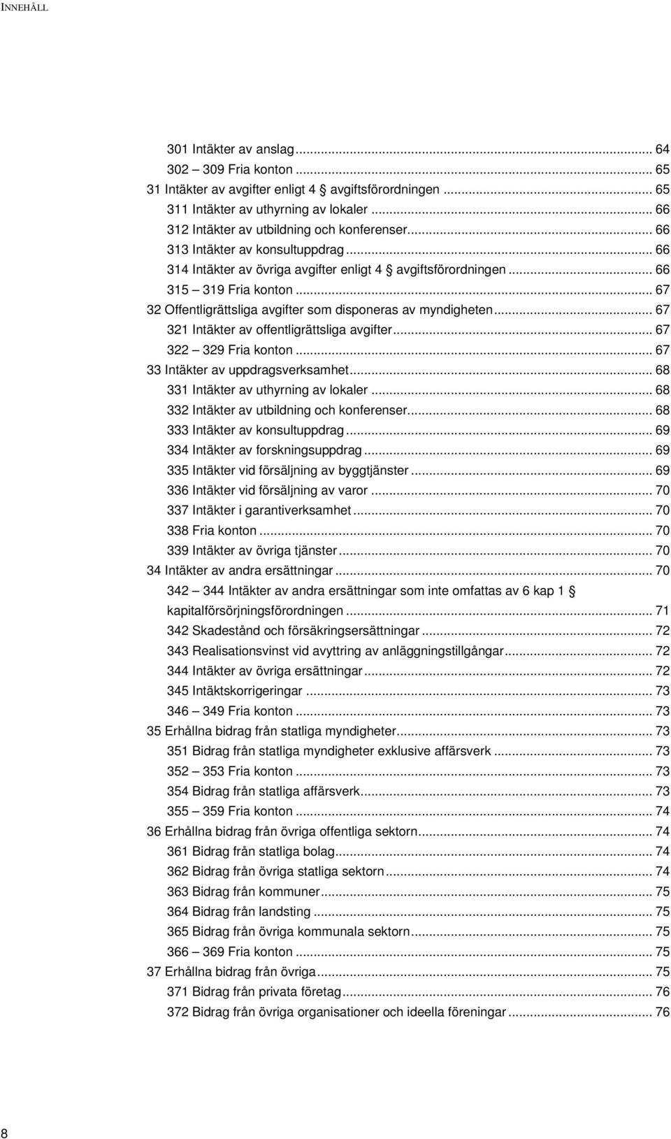 .. 67 32 Offentligrättsliga avgifter som disponeras av myndigheten... 67 321 Intäkter av offentligrättsliga avgifter... 67 322 329 Fria konton... 67 33 Intäkter av uppdragsverksamhet.