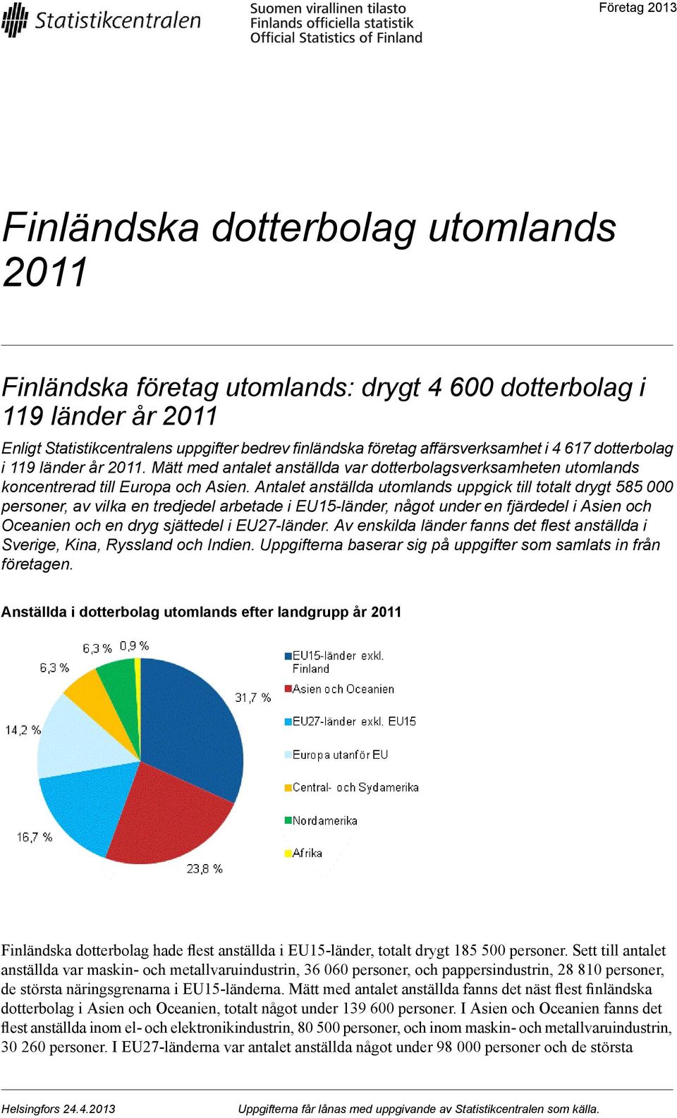 Antalet anställda utomlands uppgick till totalt drygt 585 000 personer, av vilka en tredjedel arbetade i EU15-länder, något under en fjärdedel i Asien och Oceanien och en dryg sjättedel i EU27-länder.