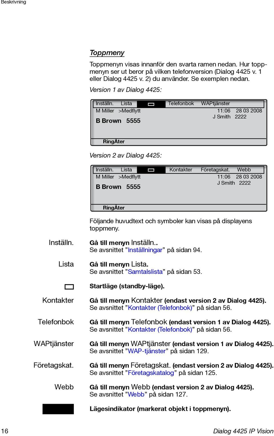 Webb M Miller >Medflytt 11:06 28 03 2008 J Smith 2222 B Brown 5555 RingÅter Följande huvudtext och symboler kan visas på displayens toppmeny. Inställn. Lista Gå till menyn Inställn.