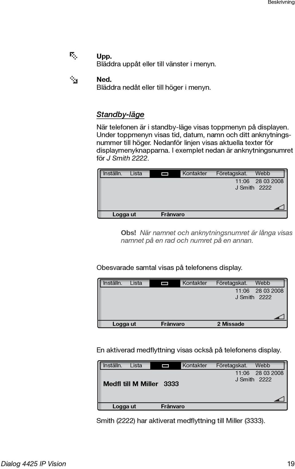 Inställn. Lista Kontakter Företagskat. Webb 11:06 28 03 2008 J Smith 2222 Logga ut Frånvaro Obs! När namnet och anknytningsnumret är långa visas namnet på en rad och numret på en annan.