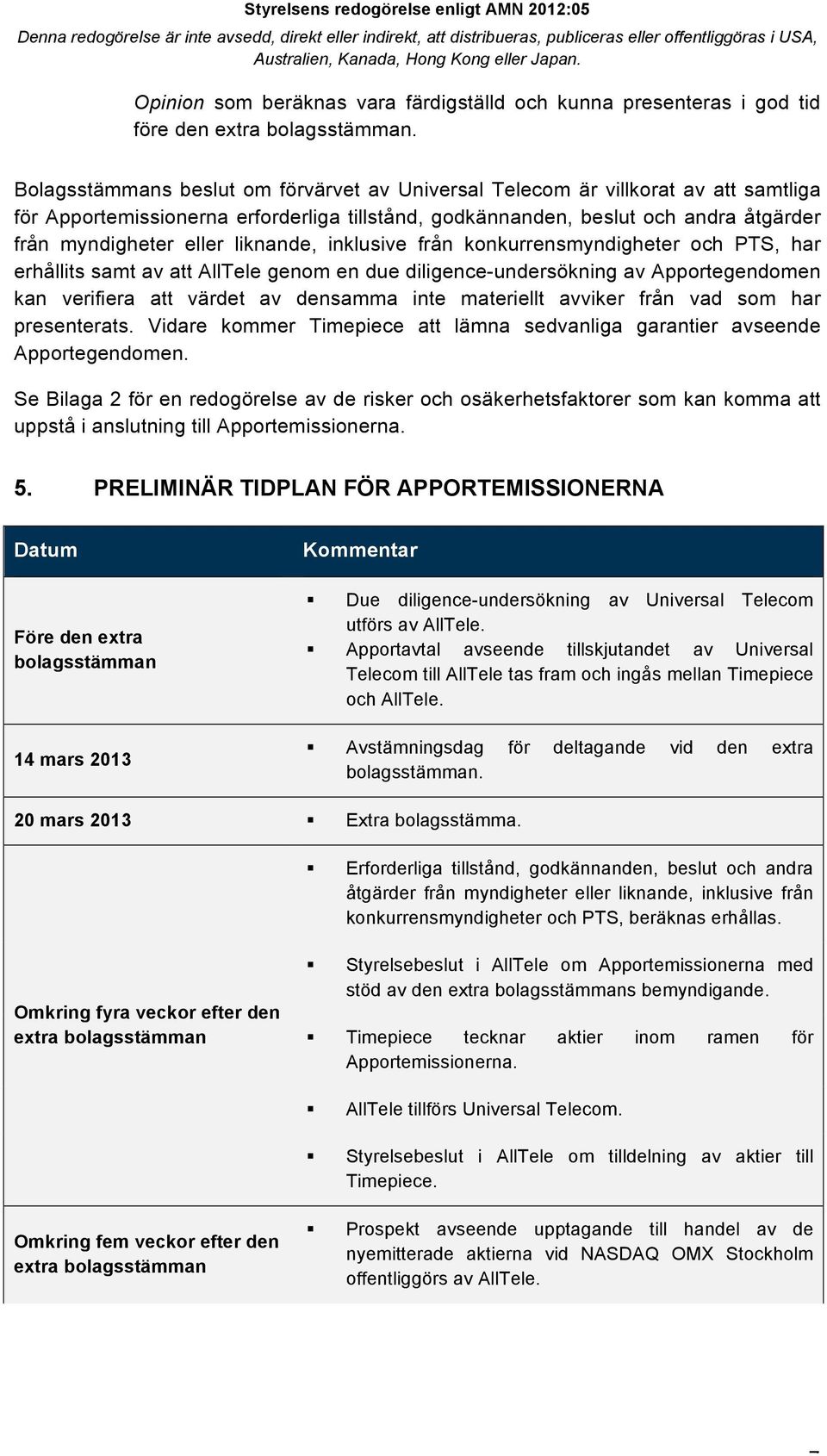 liknande, inklusive från konkurrensmyndigheter och PTS, har erhållits samt av att AllTele genom en due diligence-undersökning av Apportegendomen kan verifiera att värdet av densamma inte materiellt