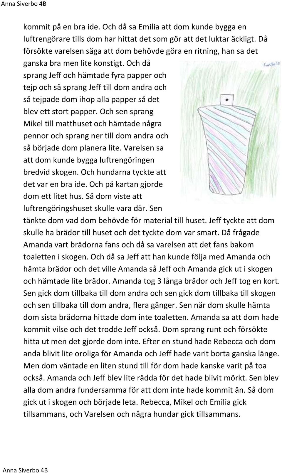 Och då sprang Jeff och hämtade fyra papper och tejp och så sprang Jeff till dom andra och så tejpade dom ihop alla papper så det blev ett stort papper.