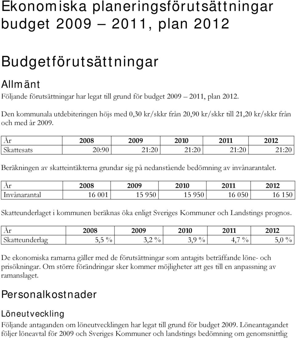 År 2008 2009 2010 2011 2012 Skattesats 20:90 21:20 21:20 21:20 21:20 Beräkningen av skatteintäkterna grundar sig på nedanstående bedömning av invånarantalet.