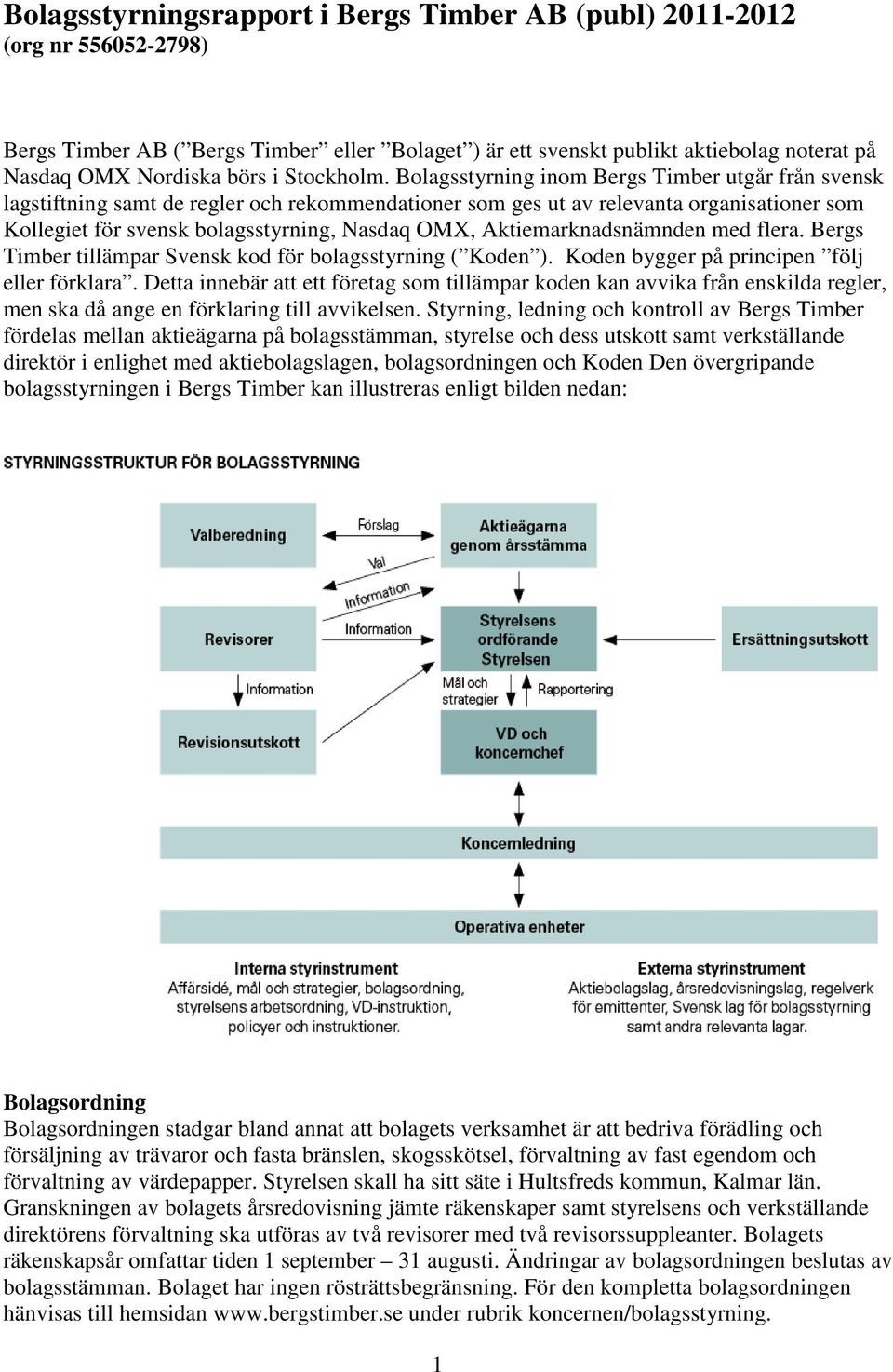 Bolagsstyrning inom Bergs Timber utgår från svensk lagstiftning samt de regler och rekommendationer som ges ut av relevanta organisationer som Kollegiet för svensk bolagsstyrning, Nasdaq OMX,