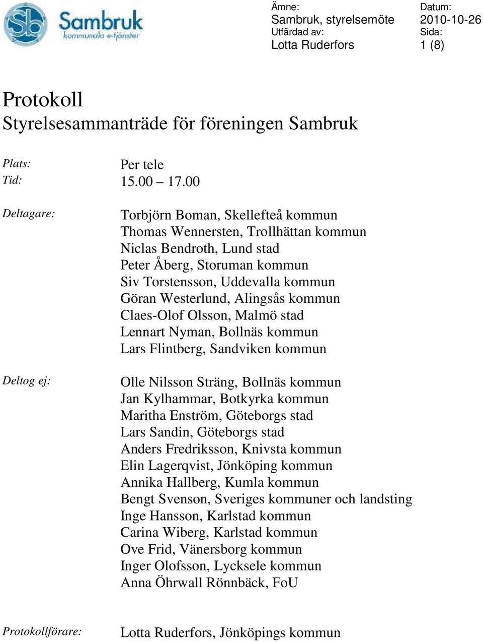 Westerlund, Alingsås kommun Claes-Olof Olsson, Malmö stad Lennart Nyman, Bollnäs kommun Lars Flintberg, Sandviken kommun Olle Nilsson Sträng, Bollnäs kommun Jan Kylhammar, Botkyrka kommun Maritha