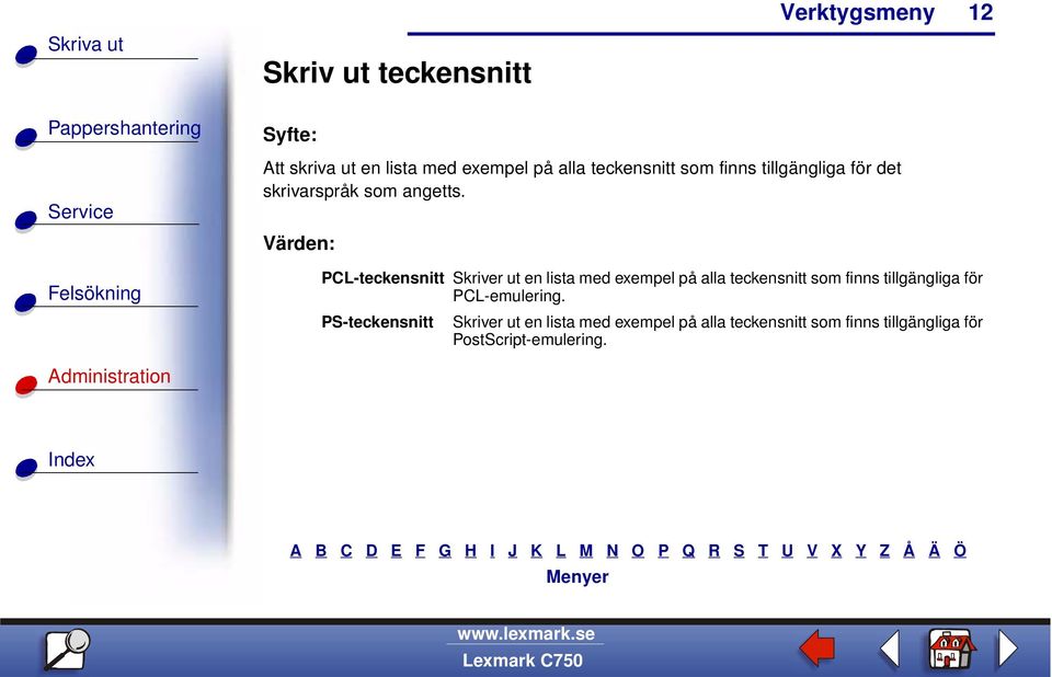 Värden: PCL-teckensnitt Skriver ut en lista med exempel på alla teckensnitt som finns