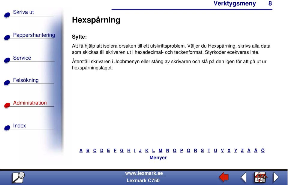 hexadecimal- och teckenformat. Styrkoder exekveras inte.