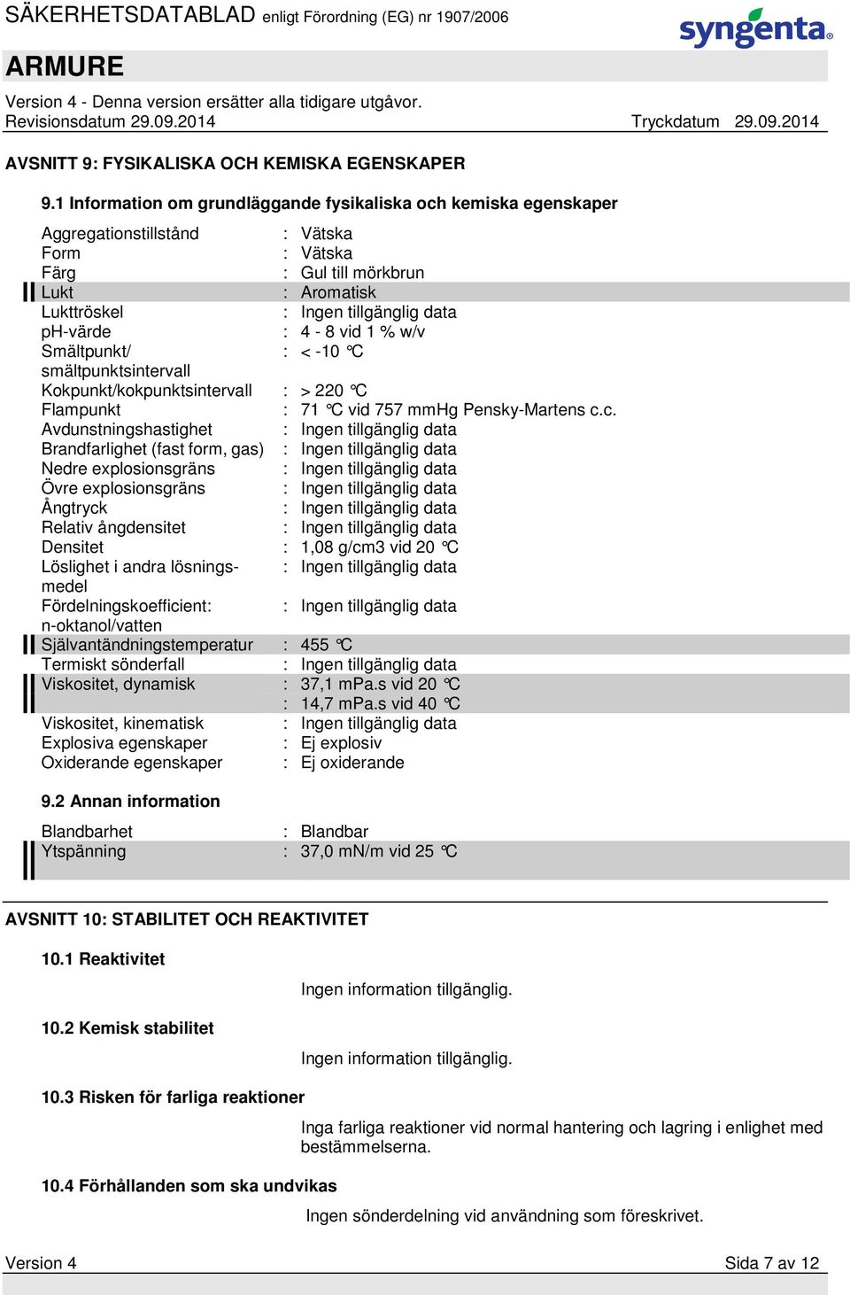 : 4-8 vid 1 % w/v Smältpunkt/ : < -10 C smältpunktsintervall Kokpunkt/kokpunktsintervall : > 220 C Flampunkt : 71 C vid 757 mmhg Pensky-Martens c.