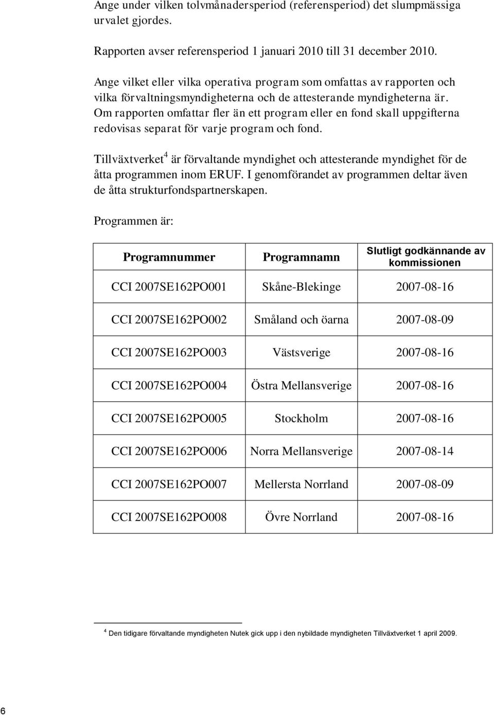 Om rapporten omfattar fler än ett program eller en fond skall uppgifterna redovisas separat för varje program och fond.