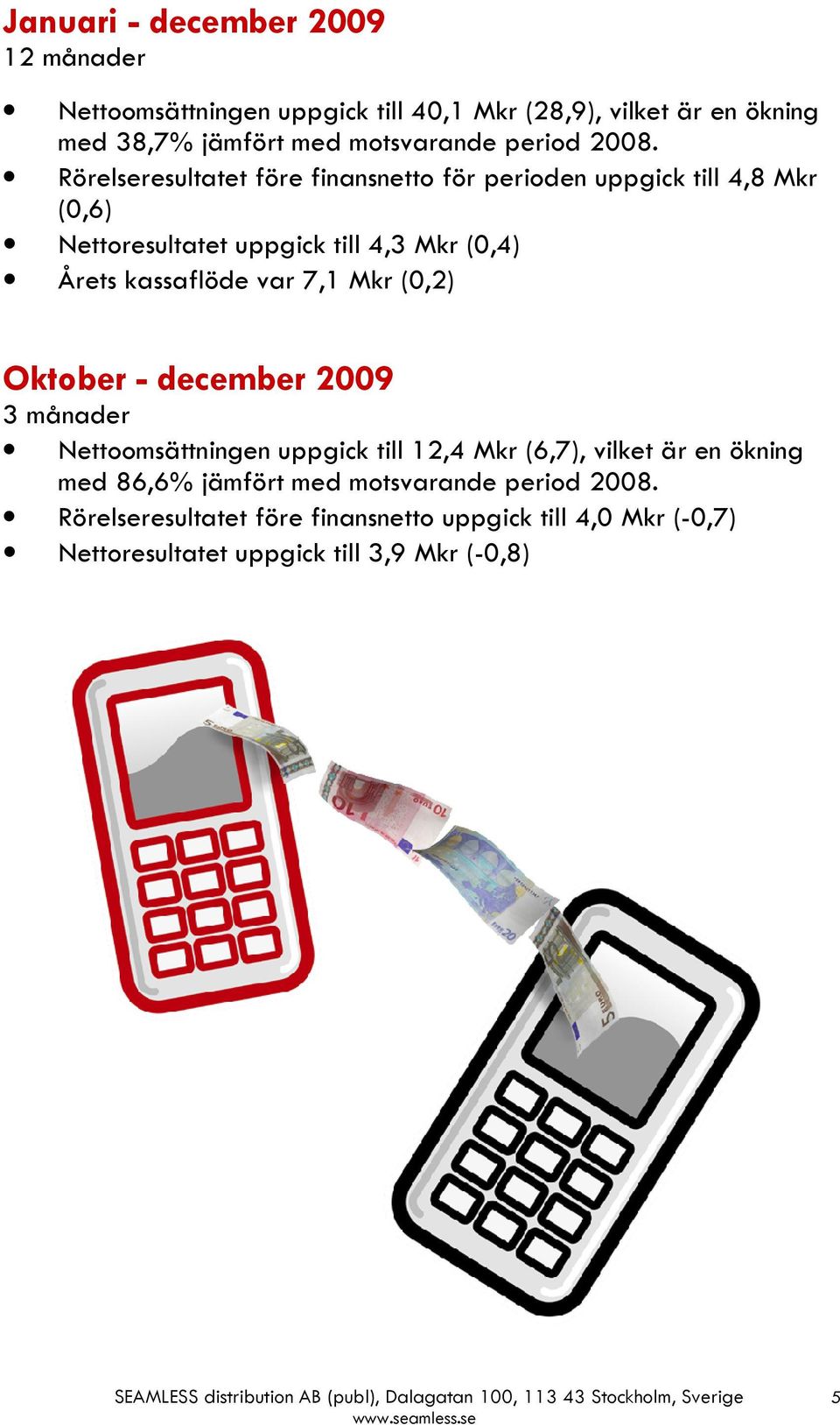 Oktober - december 2009 3 månader Nettoomsättningen uppgick till 12,4 Mkr (6,7), vilket är en ökning med 86,6% jämfört med motsvarande period 2008.