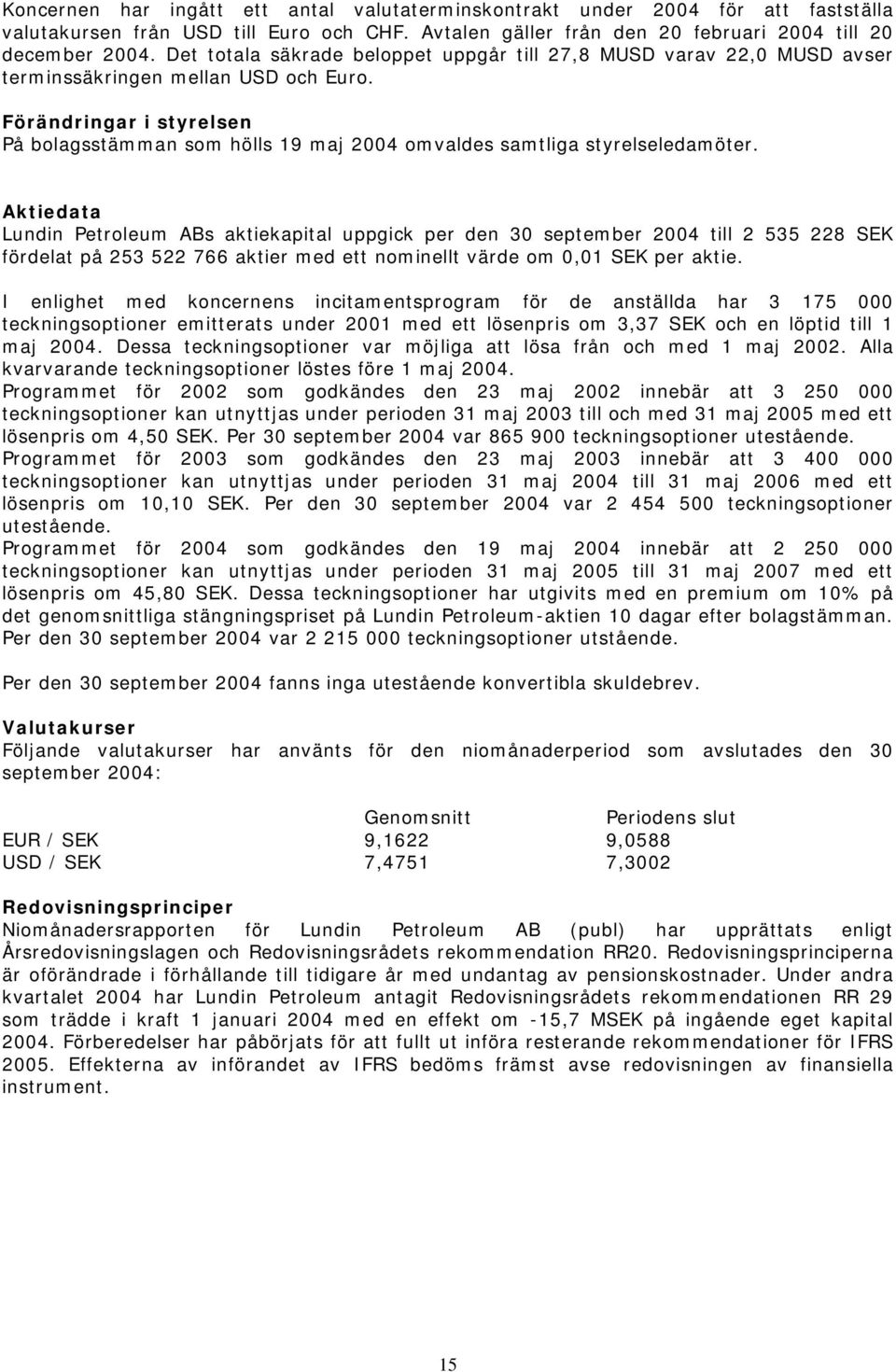 Förändringar i styrelsen På bolagsstämman som hölls 19 maj 2004 omvaldes samtliga styrelseledamöter.