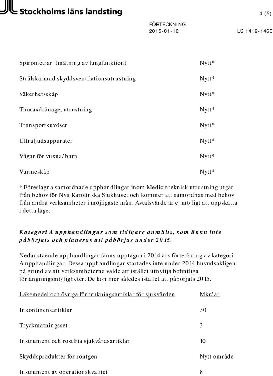 Avtalsvärde är ej möjligt att uppskatta i detta läge. Kategori A upphandlingar som tidigare anmälts, som ännu inte påbörjats och planeras att påbörjas under 2015.