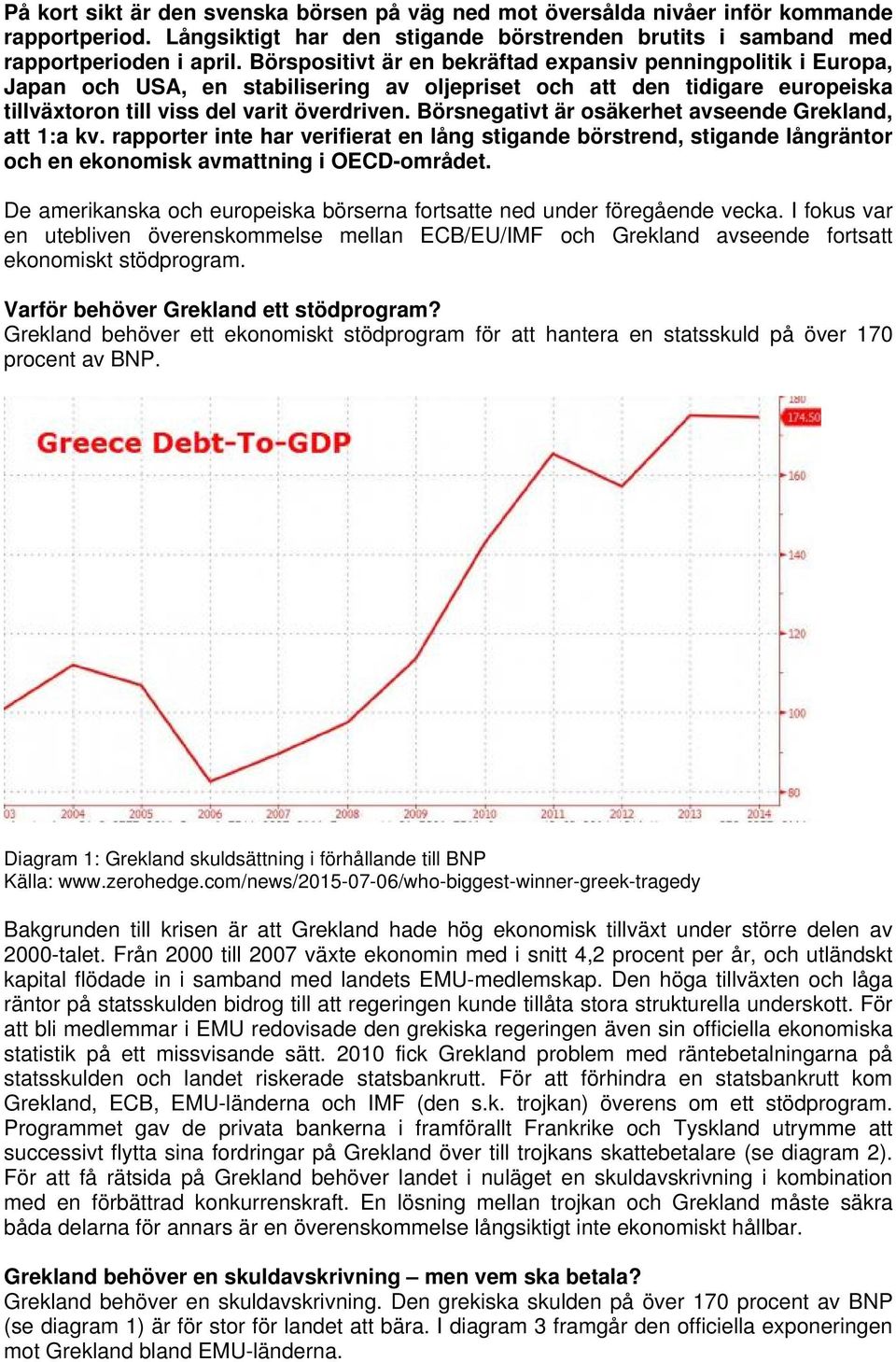Börsnegativt är osäkerhet avseende Grekland, att 1:a kv. rapporter inte har verifierat en lång stigande börstrend, stigande långräntor och en ekonomisk avmattning i OECD-området.