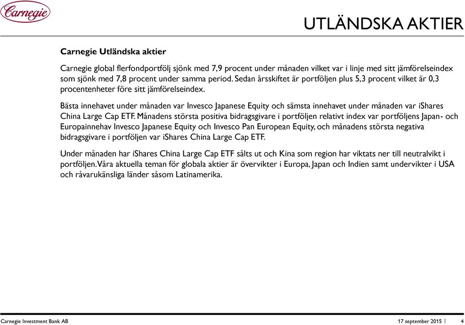 Bästa innehavet under månaden var Invesco Japanese Equity och sämsta innehavet under månaden var ishares China Large Cap ETF.