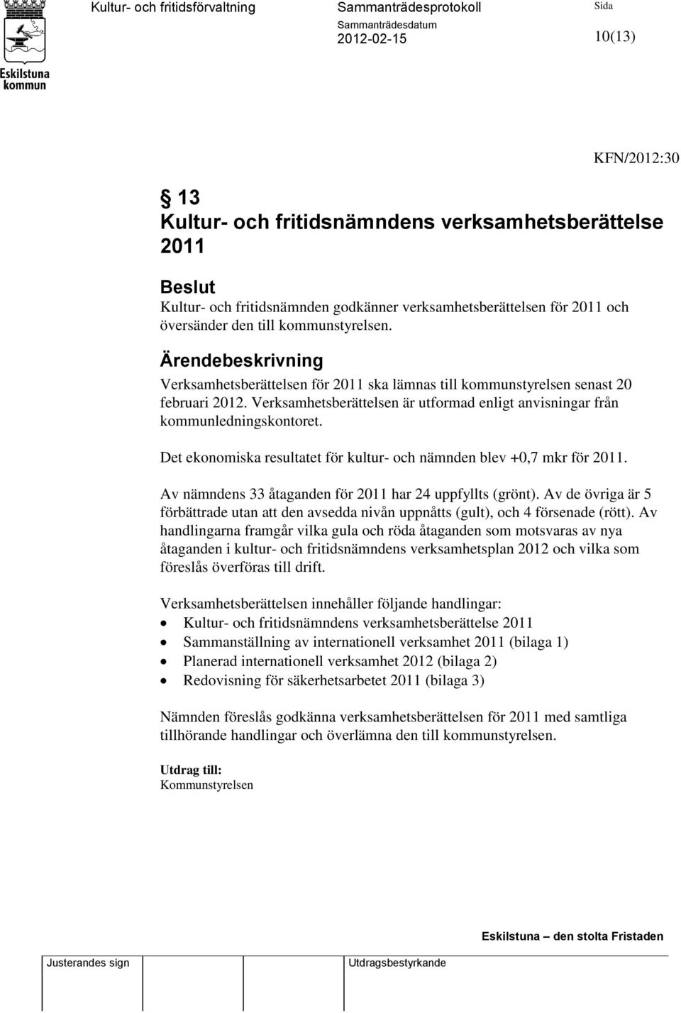 Det ekonomiska resultatet för kultur- och nämnden blev +0,7 mkr för 2011. Av nämndens 33 åtaganden för 2011 har 24 uppfyllts (grönt).