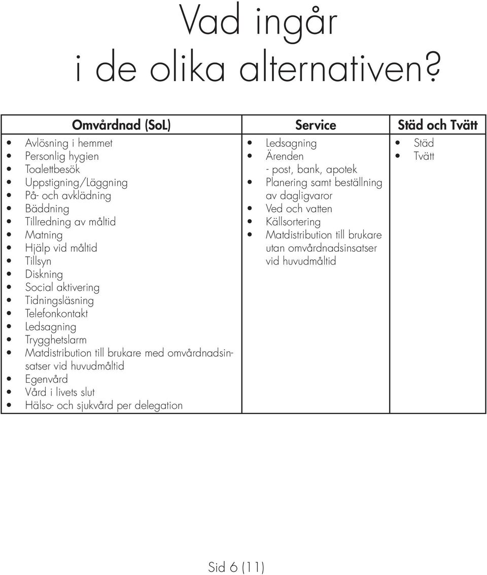 Planering samt beställning På- och avklädning av dagligvaror Bäddning Ved och vatten Tillredning av måltid Källsortering Matning Matdistribution till brukare