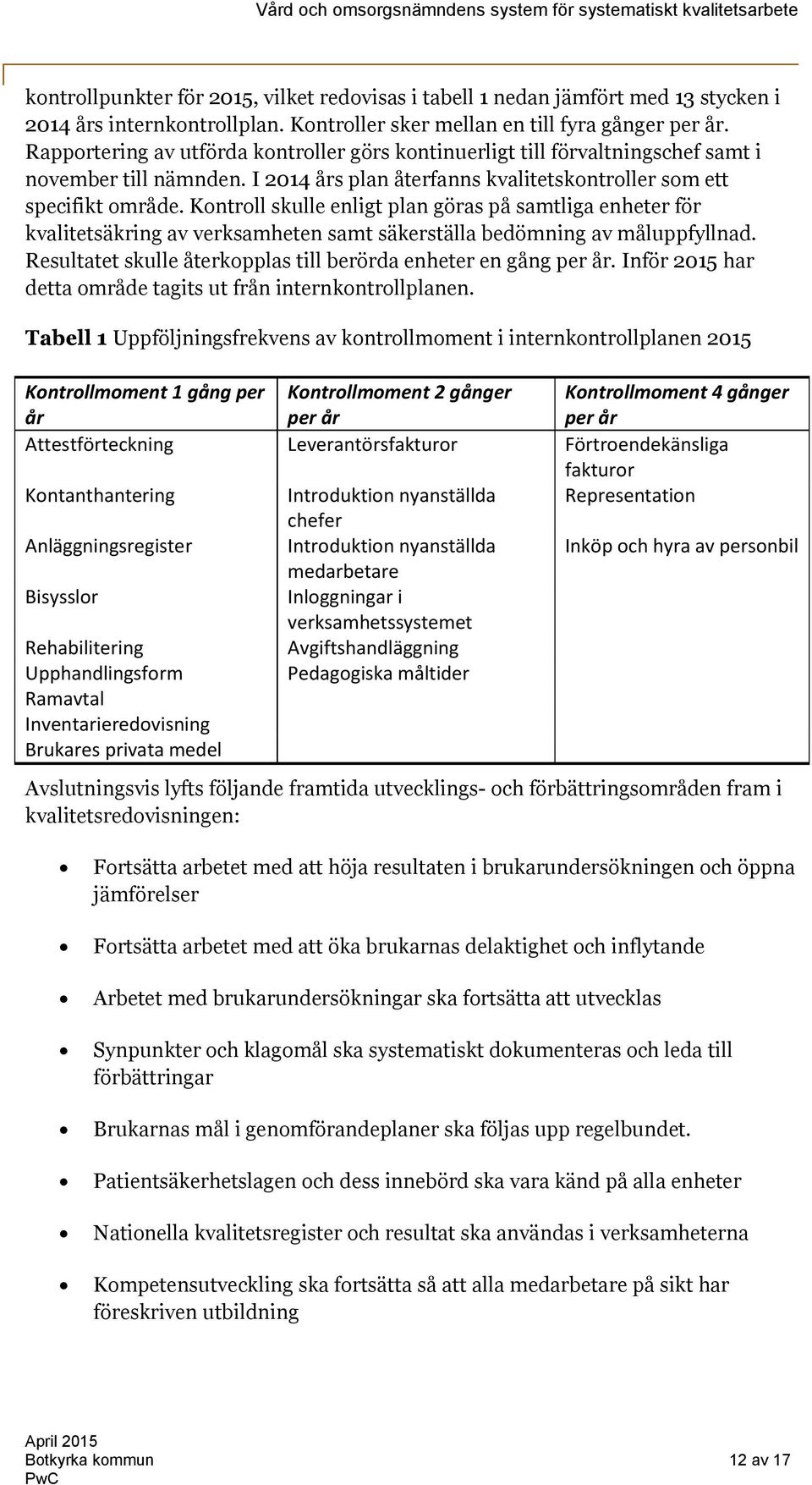 Kontroll skulle enligt plan göras på samtliga enheter för kvalitetsäkring av verksamheten samt säkerställa bedömning av måluppfyllnad.