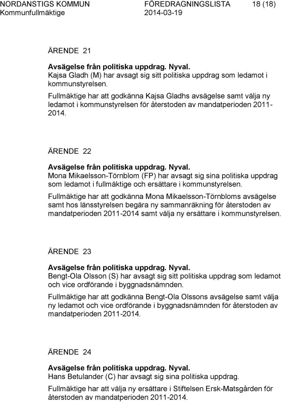 Mona Mikaelsson-Törnblom (FP) har avsagt sig sina politiska uppdrag som ledamot i fullmäktige och ersättare i kommunstyrelsen.