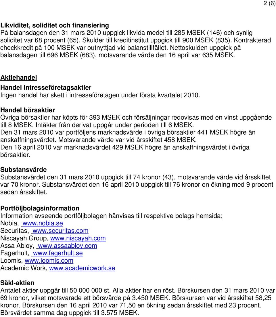 Nettoskulden uppgick på balansdagen till 696 MSEK (683), motsvarande värde den 16 april var 635 MSEK.