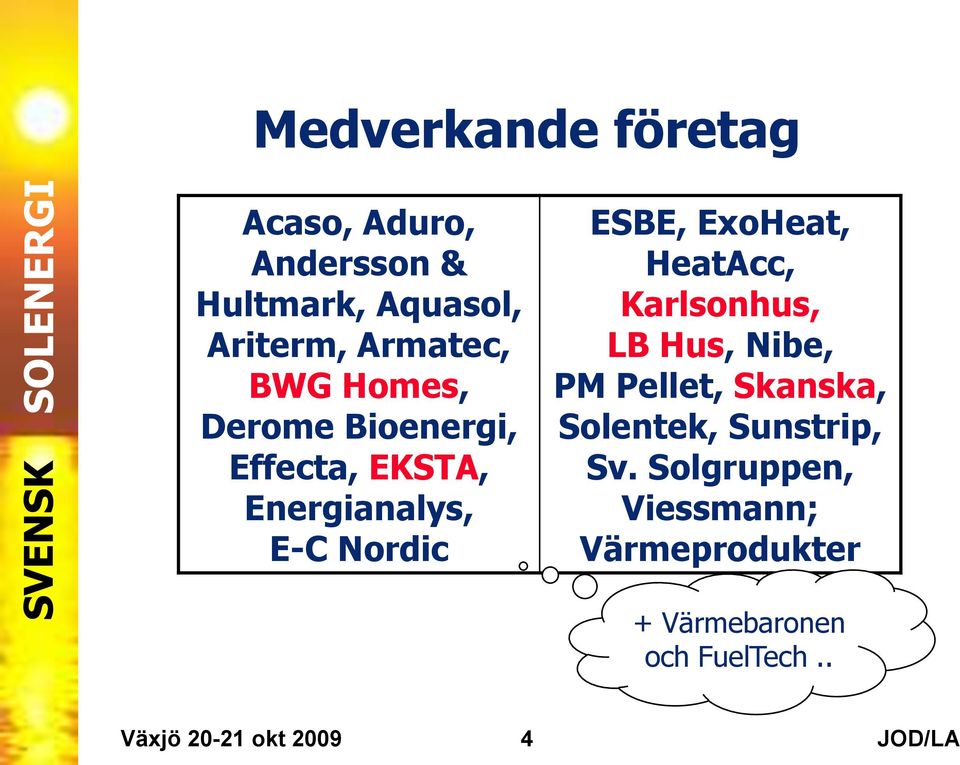 HeatAcc, Karlsonhus, LB Hus, Nibe, PM Pellet, Skanska, Solentek, Sunstrip, Sv.