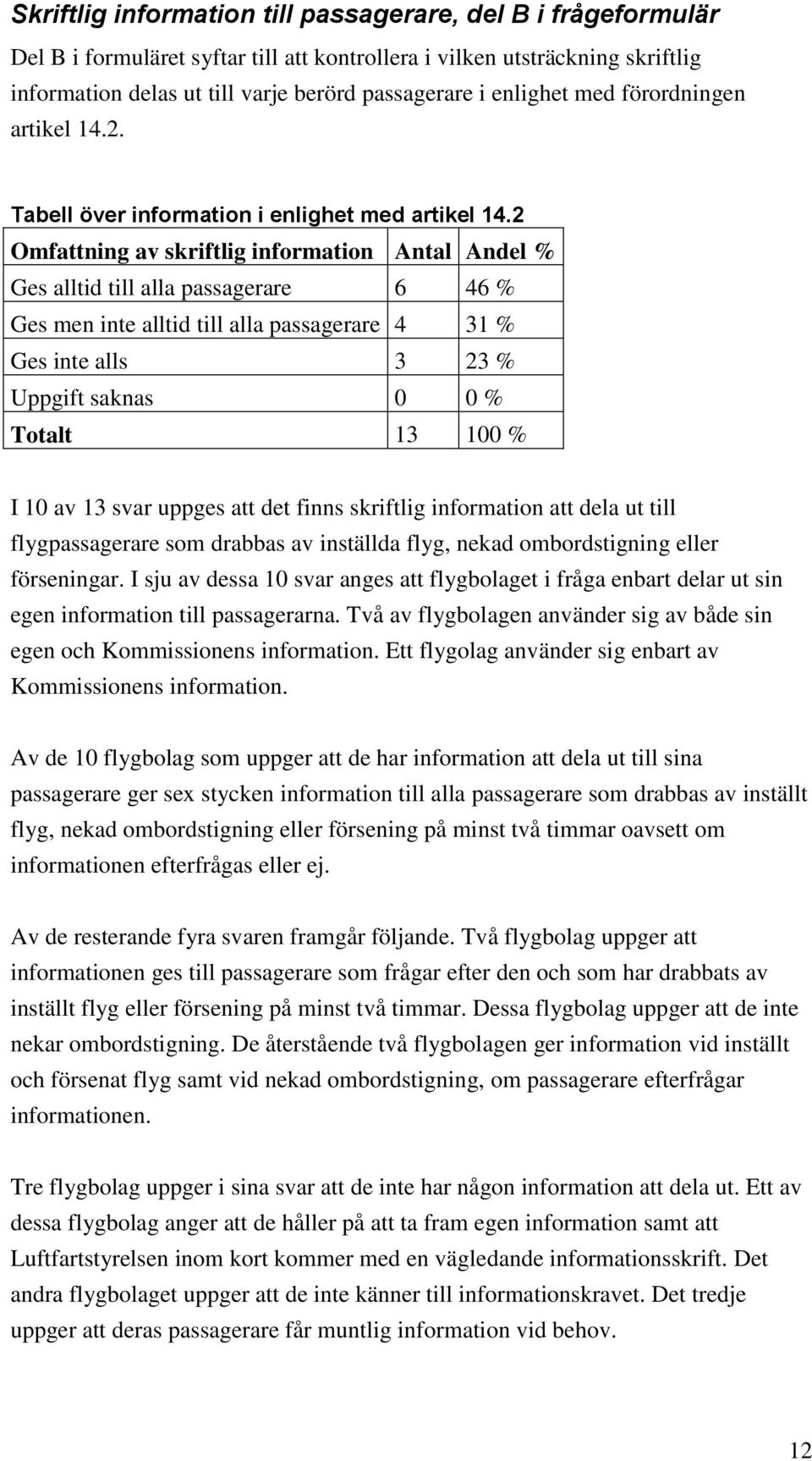 2 Omfattning av skriftlig information Antal Andel % Ges alltid till alla passagerare 6 46 % Ges men inte alltid till alla passagerare 4 31 % Ges inte alls 3 23 % Uppgift saknas 0 0 % Totalt 13 100 %