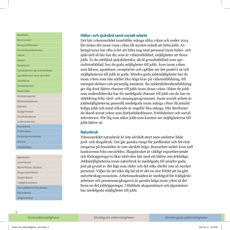 lantbruk Skogsmaskinförare Skogsmästare Trädgårdsarbetare Djuruppfödare/Djurskötare Parkarbetare Hälso- och sjukvård samt socialt arbete Det här yrkesområdet innehåller många olika yrken och under