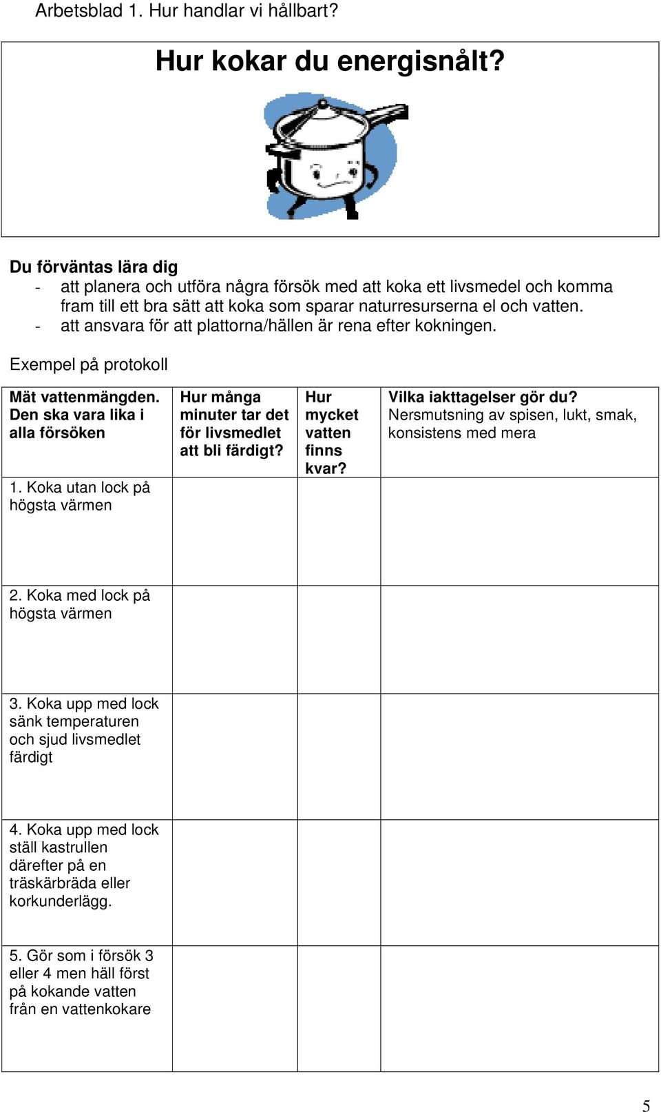 - att ansvara för att plattorna/hällen är rena efter kokningen. Exempel på protokoll Mät vattenmängden. Den ska vara lika i alla försöken 1.