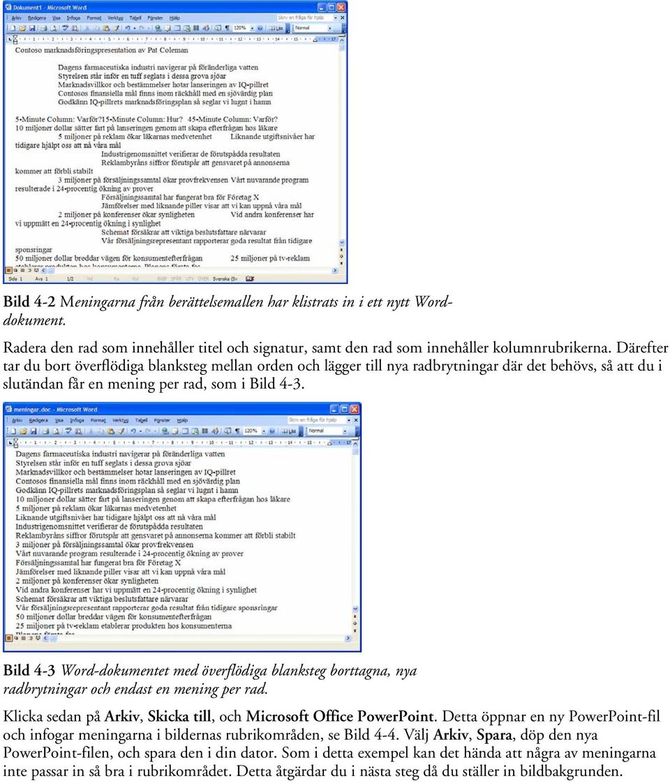 Bild 4-3 Word-dokumentet med överflödiga blanksteg borttagna, nya radbrytningar och endast en mening per rad. Klicka sedan på Arkiv, Skicka till, och Microsoft Office PowerPoint.