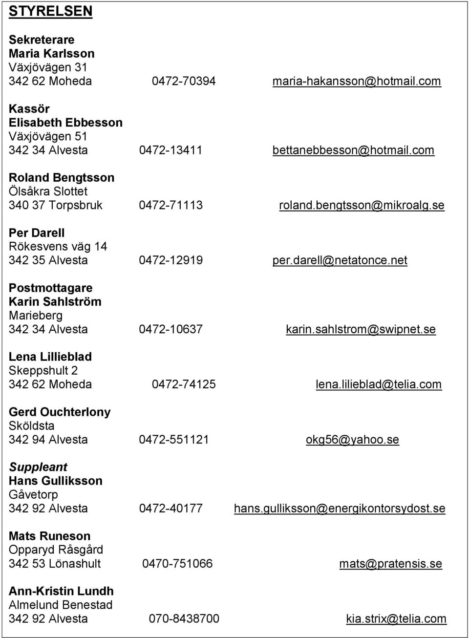 net Postmottagare Karin Sahlström Marieberg 342 34 Alvesta 0472-10637 karin.sahlstrom@swipnet.se Lena Lillieblad Skeppshult 2 342 62 Moheda 0472-74125 lena.lilieblad@telia.