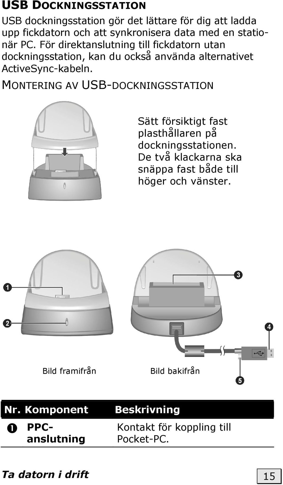 MONTERING AV USB-DOCKNINGSSTATION Sätt försiktigt fast plasthållaren på dockningsstationen.