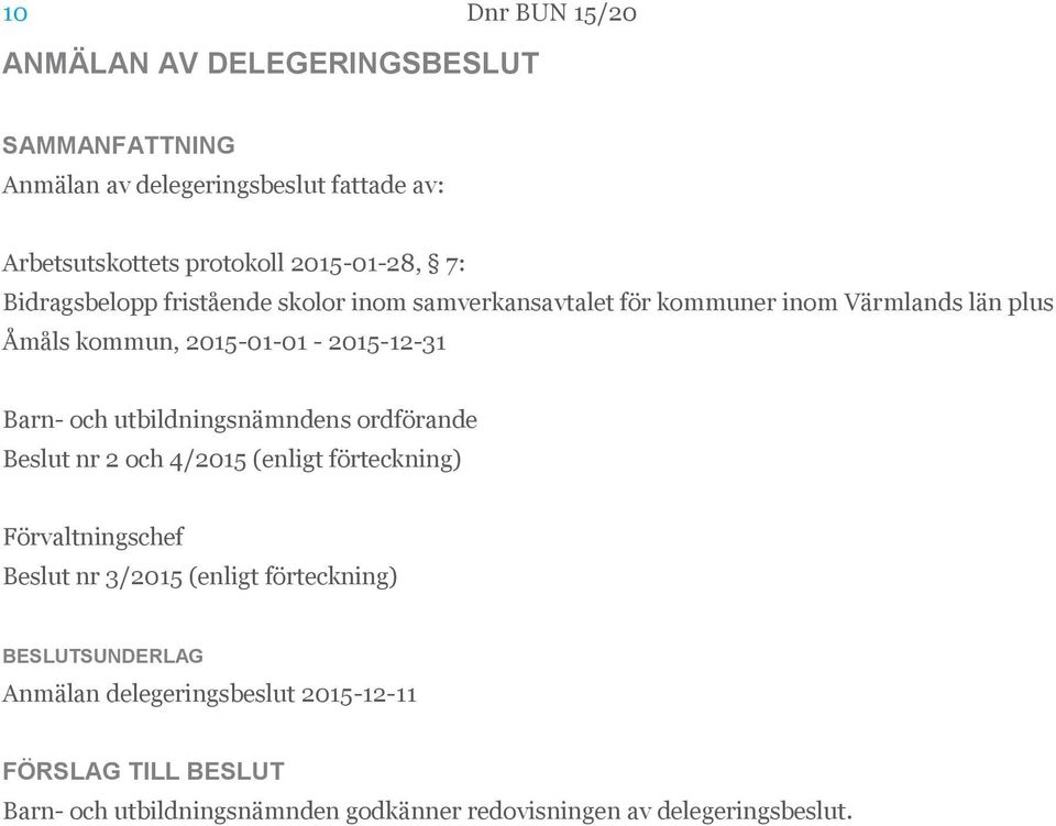 2015-01-01-2015-12-31 Barn- och utbildningsnämndens ordförande Beslut nr 2 och 4/2015 (enligt förteckning) Förvaltningschef