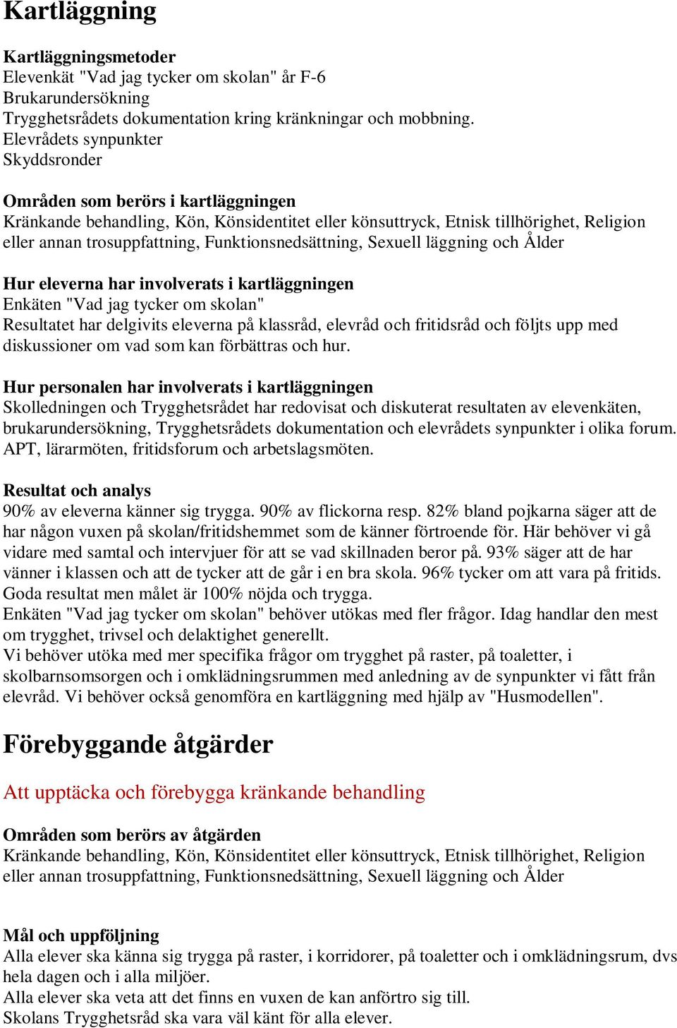 Funktionsnedsättning, Sexuell läggning och Ålder Hur eleverna har involverats i kartläggningen Enkäten "Vad jag tycker om skolan" Resultatet har delgivits eleverna på klassråd, elevråd och fritidsråd