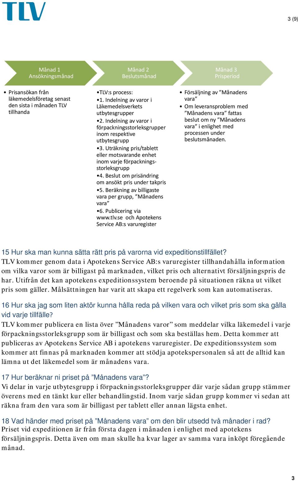 Uträkning pris/tablett eller motsvarande enhet inom varje förpackningsstorleksgrupp 4. Beslut om prisändring om ansökt pris under takpris 5. Beräkning av billigaste vara per grupp, Månadens vara 6.