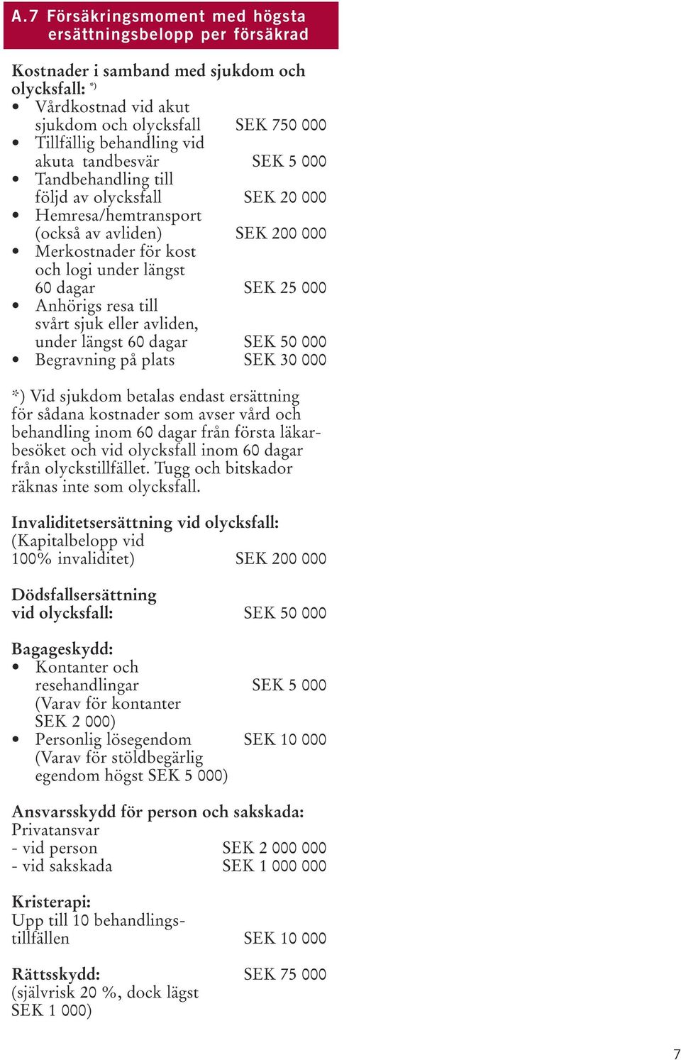 Anhörigs resa till svårt sjuk eller avliden, under längst 60 dagar SEK 50 000 Begravning på plats SEK 30 000 *) Vid sjukdom betalas endast ersättning för sådana kostnader som avser vård och