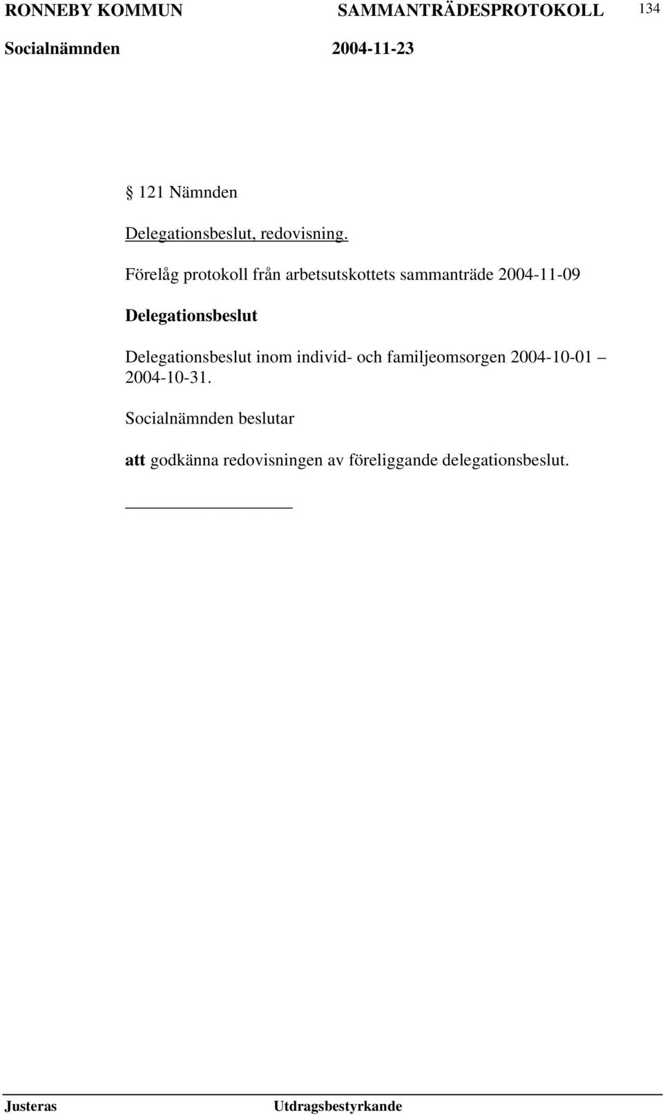 Förelåg protokoll från arbetsutskottets sammanträde 2004-11-09 Delegationsbeslut