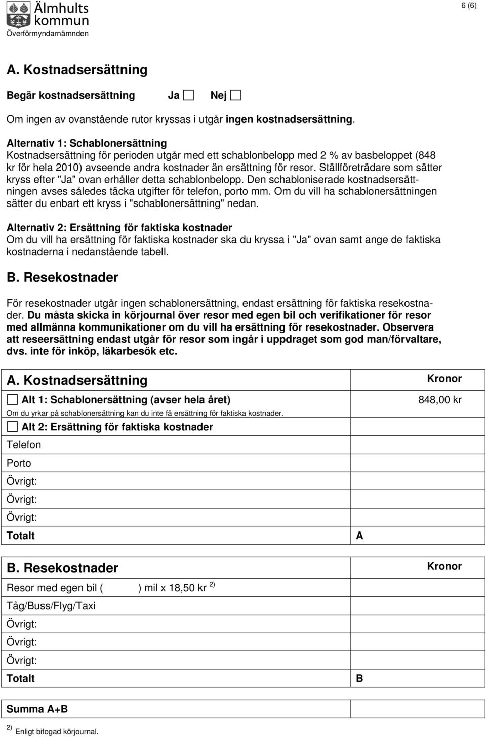 Ställföreträdare som sätter kryss efter "Ja" ovan erhåller detta schablonbelopp. Den schabloniserade kostnadsersättningen avses således täcka utgifter för telefon, porto mm.