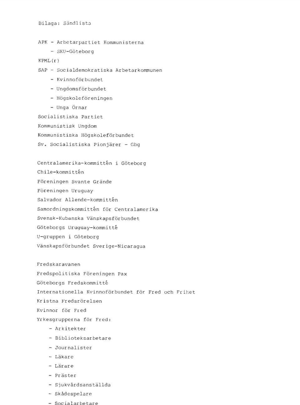Socialistiska Pionjärer - Gbg Centralamerika-kommitten i Göteborg Chile- kommitten Föreningen Svante Grände Föreningen Uruguay Salvador Allende- kommitten Samordningskonunitten för Centralamerika