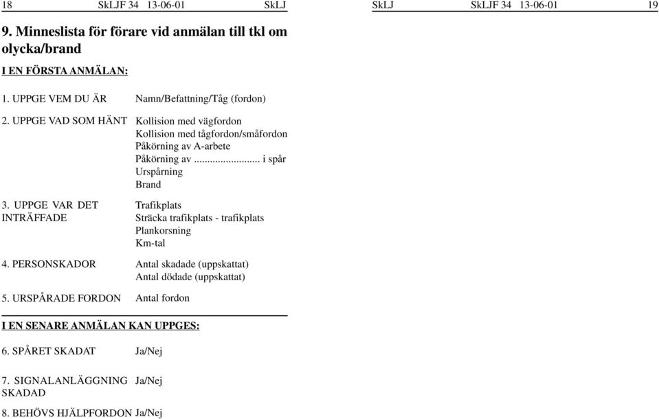 URSPÅRADE FORDON Namn/Befattning/Tåg (fordon) Kollision med vägfordon Kollision med tågfordon/småfordon Påkörning av A-arbete Påkörning av.
