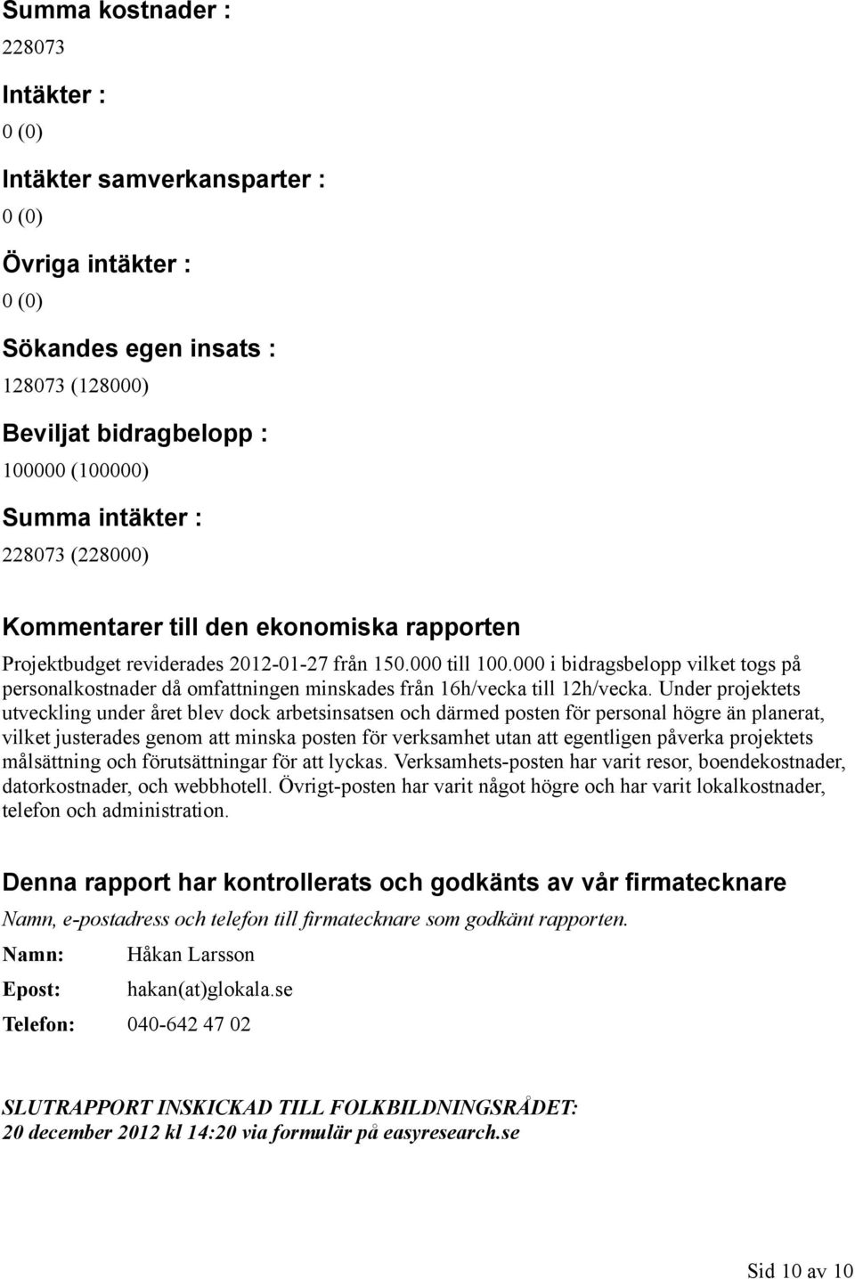 000 i bidragsbelopp vilket togs på personalkostnader då omfattningen minskades från 16h/vecka till 12h/vecka.