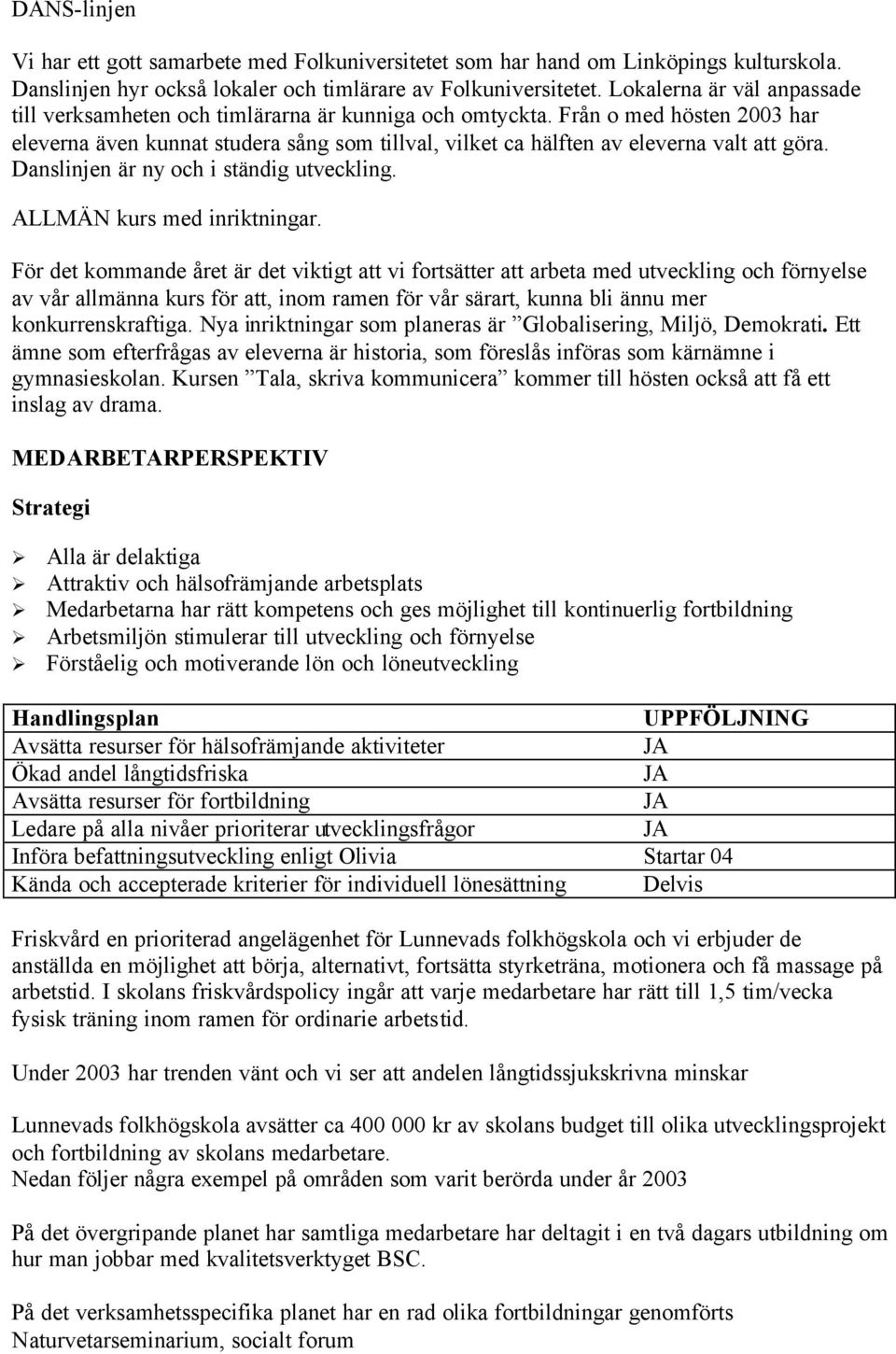Från o med hösten 2003 har eleverna även kunnat studera sång som tillval, vilket ca hälften av eleverna valt att göra. Danslinjen är ny och i ständig utveckling. ALLMÄN kurs med inriktningar.