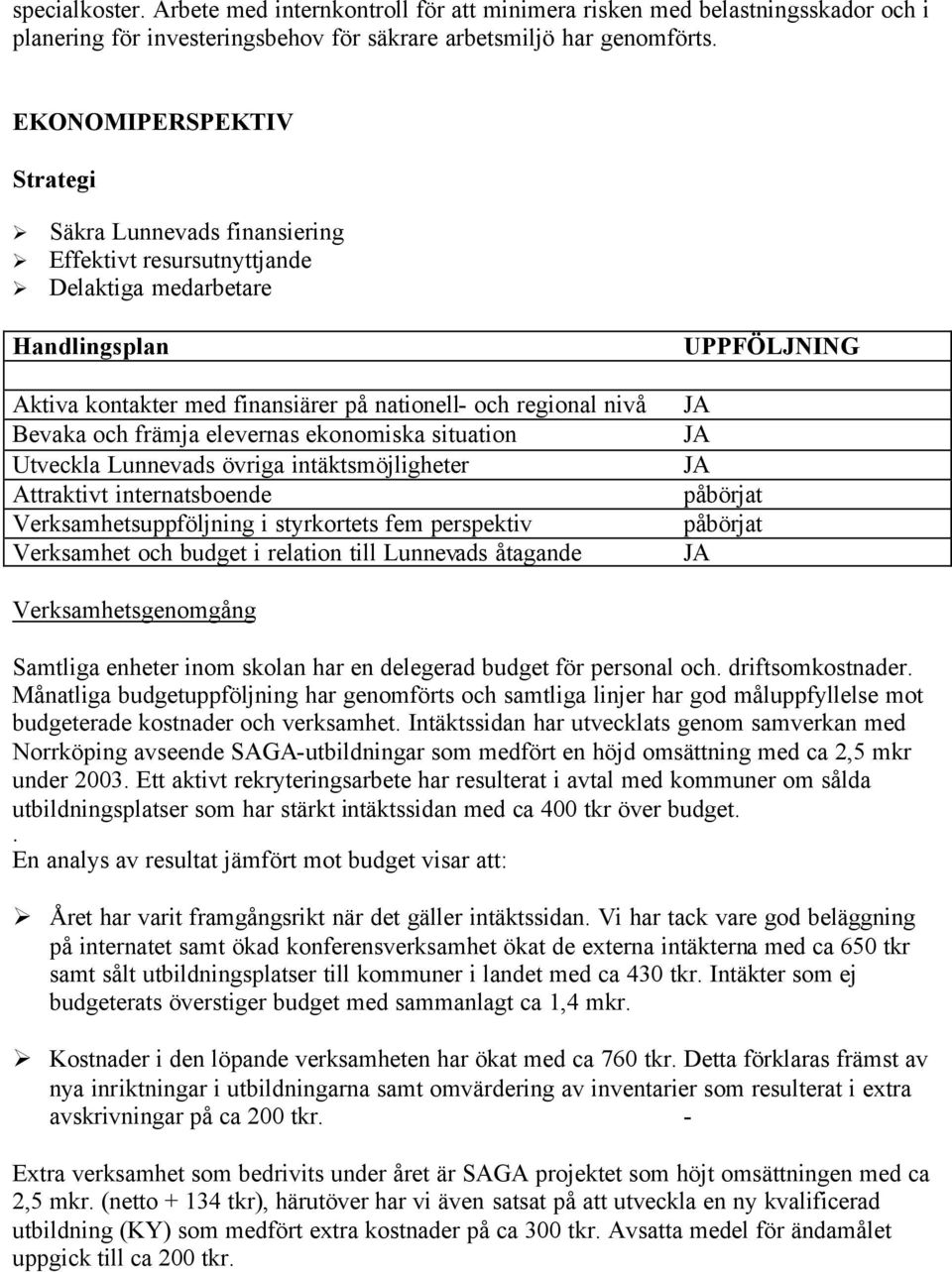 främja elevernas ekonomiska situation Utveckla Lunnevads övriga intäktsmöjligheter Attraktivt internatsboende Verksamhetsuppföljning i styrkortets fem perspektiv Verksamhet och budget i relation till