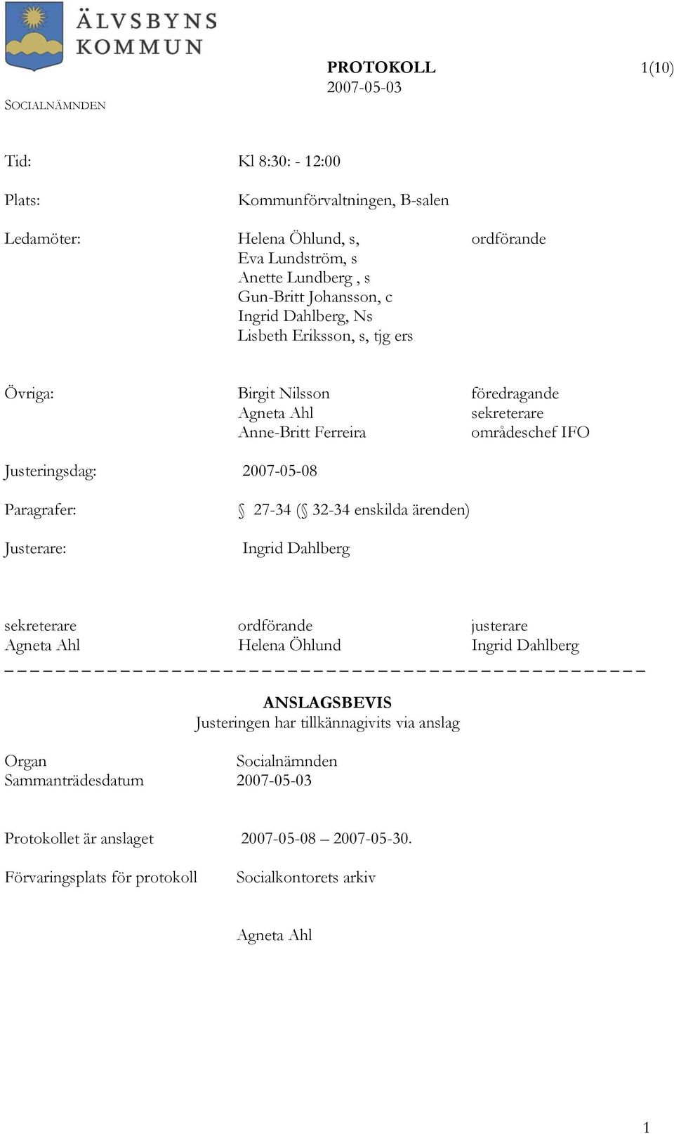 Paragrafer: 27-34 ( 32-34 enskilda ärenden) Justerare: Ingrid Dahlberg sekreterare ordförande justerare Agneta Ahl Helena Öhlund Ingrid Dahlberg ANSLAGSBEVIS Justeringen har