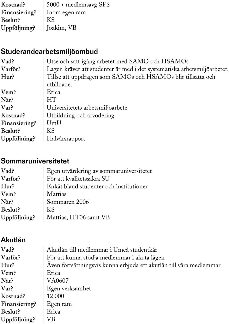 Tillse att uppdragen som SAMOs och HSAMOs blir tillsatta och utbildade. Erica HT Universitetets arbetsmiljöarbete Kostnad? Utbildning och arvodering Finansiering?