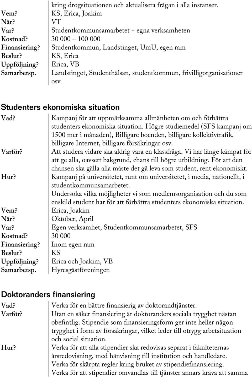 Landstinget, Studenthälsan, studentkommun, frivilligorganisationer osv Studenters ekonomiska situation Kampanj för att uppmärksamma allmänheten om och förbättra studenters ekonomiska situation.
