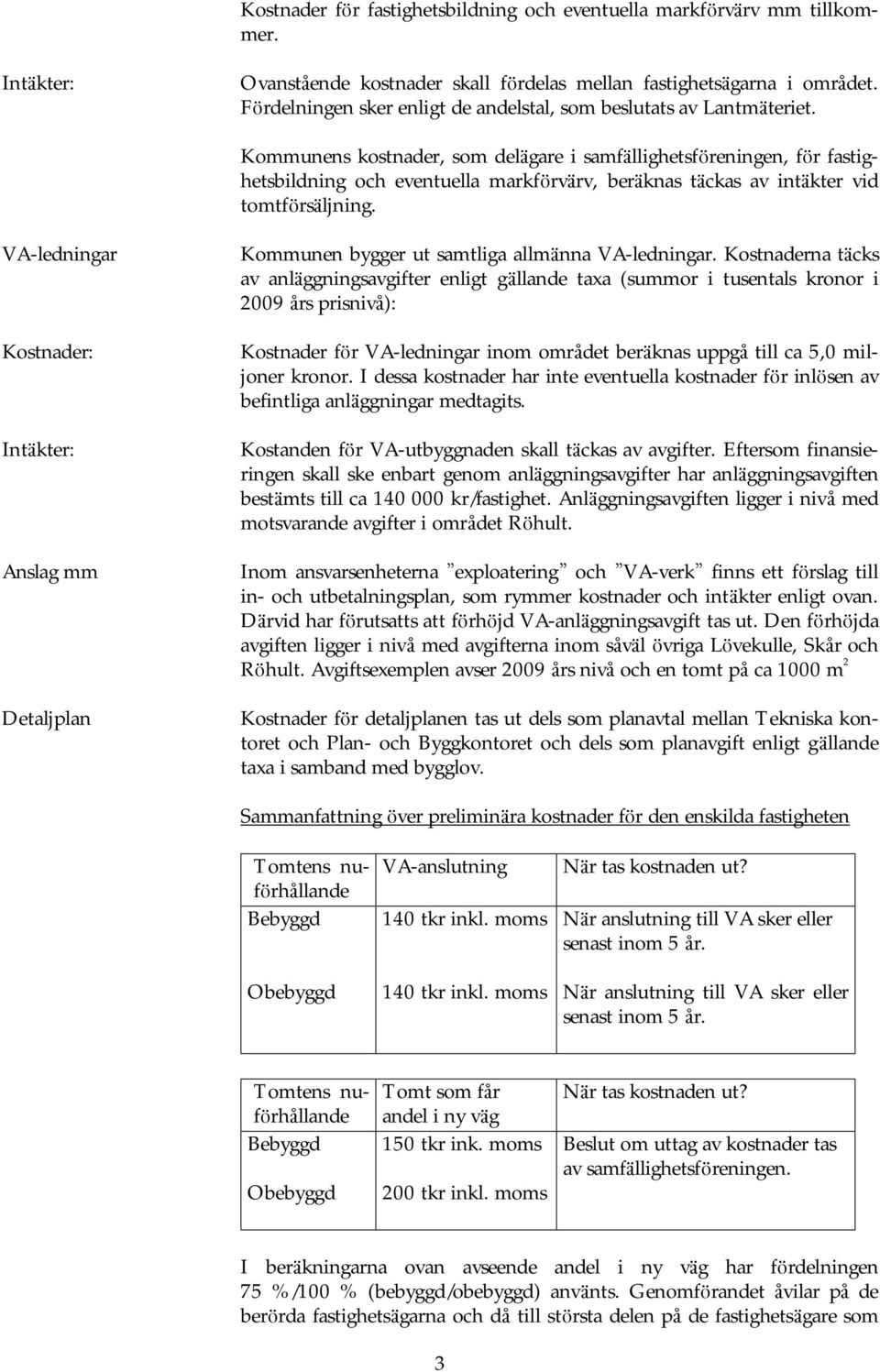 Kommunens kostnader, som delä gare i samfä llighetsfö reningen, fö r fastighetsbildning och eventuella markfö rvä rv, berä knas täckas av intä kter vid tomtfö rsä ljning.